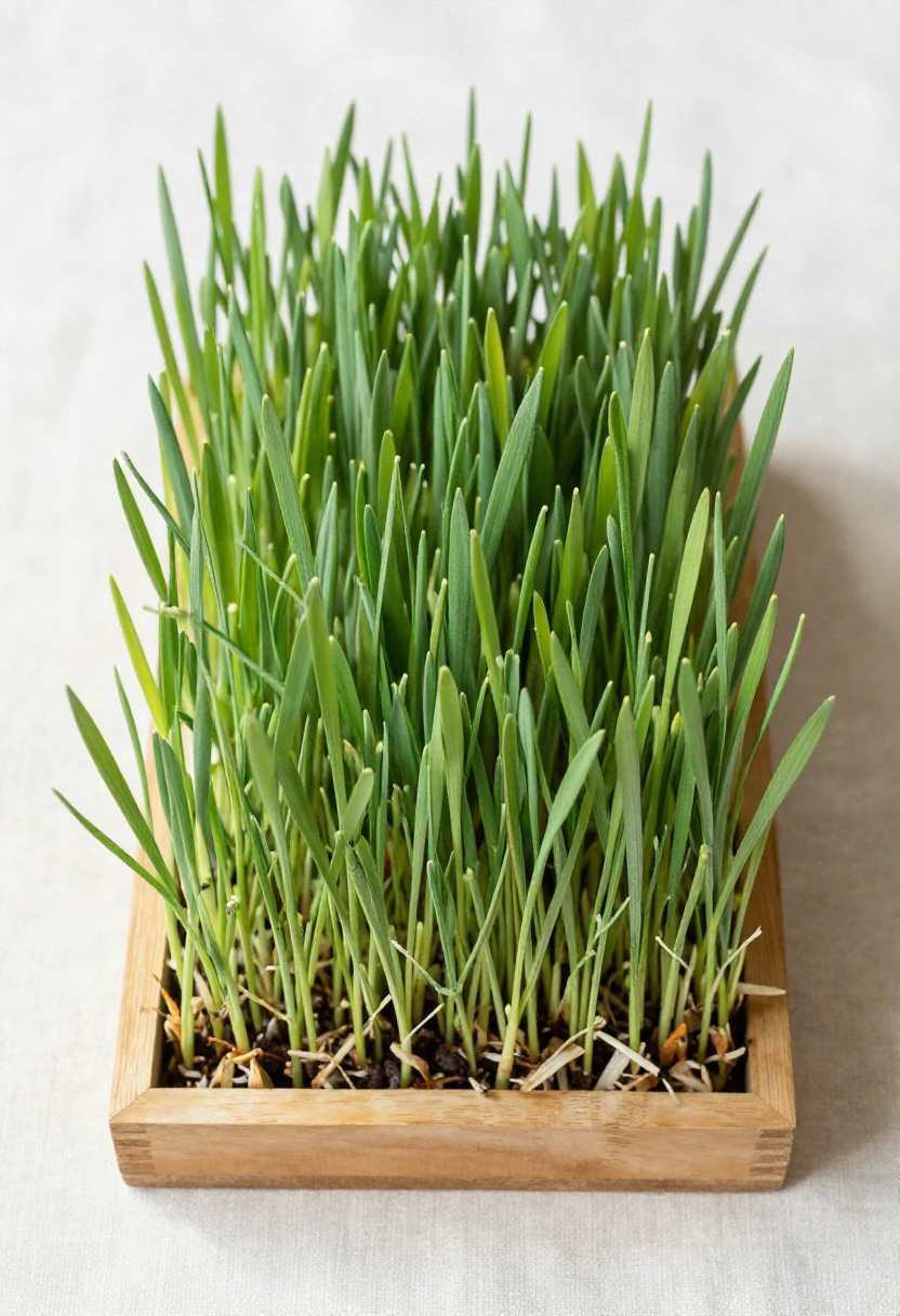 Young wheatgrass growing in a wooden tray shot from above in natural daylight