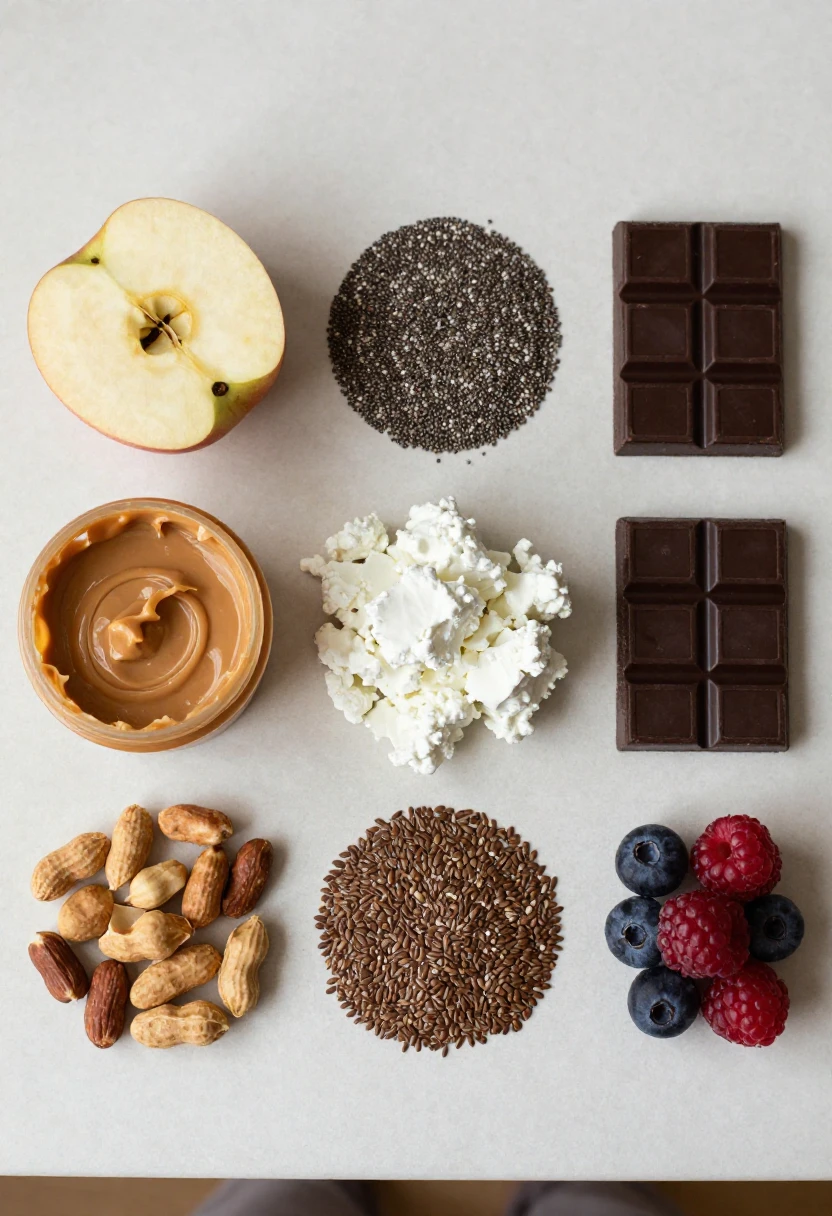 Balanced healthy snack ingredients including fruit, nuts, seeds, and protein-rich foods.