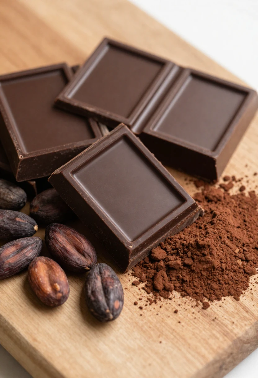 Dark chocolate with cacao beans and cocoa powder on a wooden board