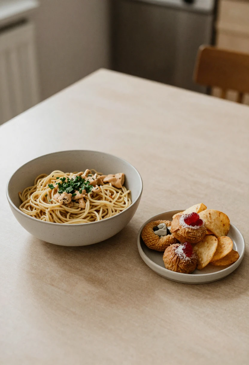 Wholesome meal beside a few processed snack foods