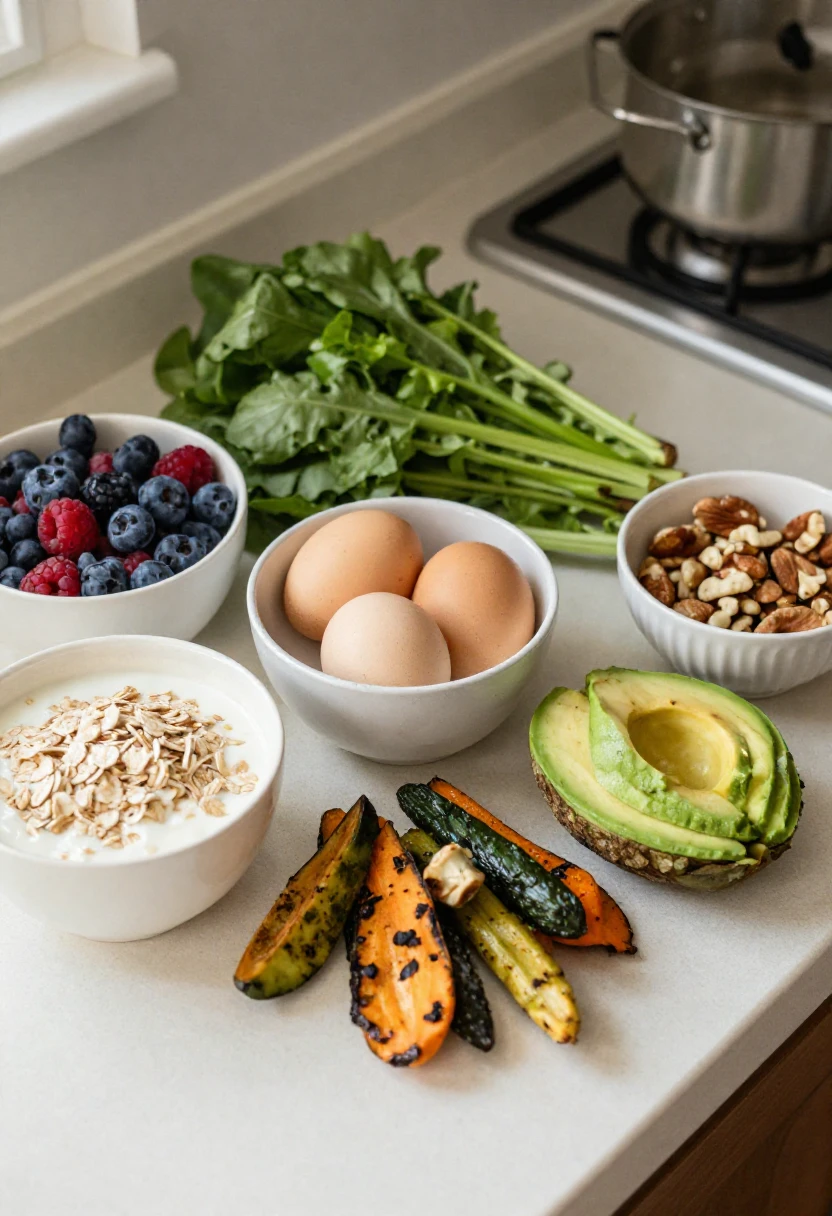Everyday healthy foods including fruit, vegetables, protein, oats, and healthy fats