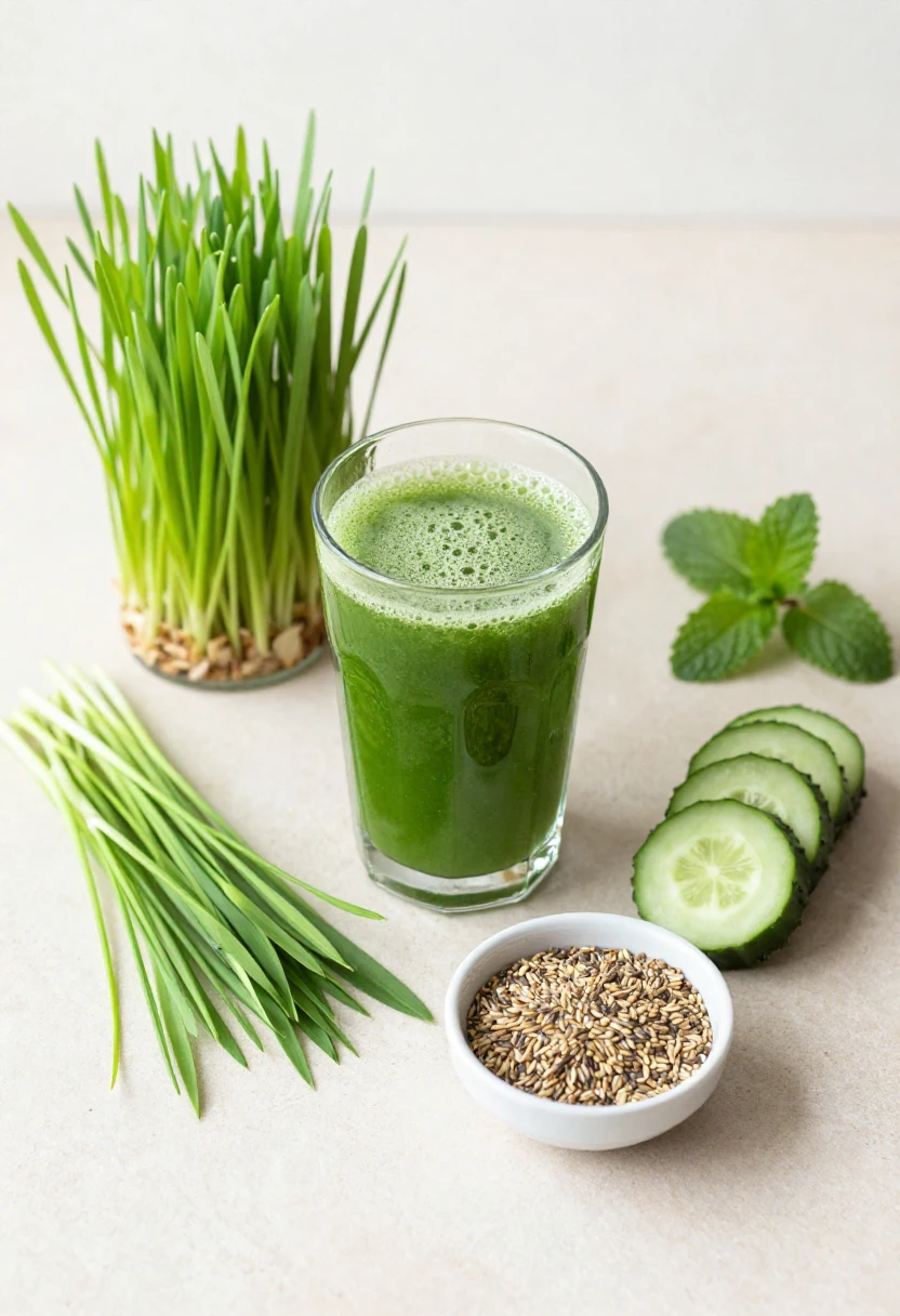 Green wheatgrass juice glass with fresh wellness ingredients on a light stone surface