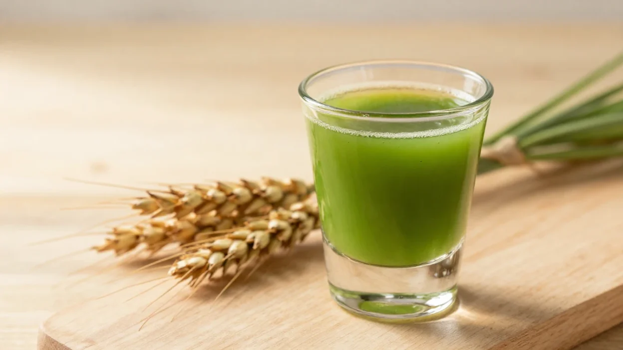 Fresh wheatgrass juice shot with raw wheatgrass on a wooden surface in natural light