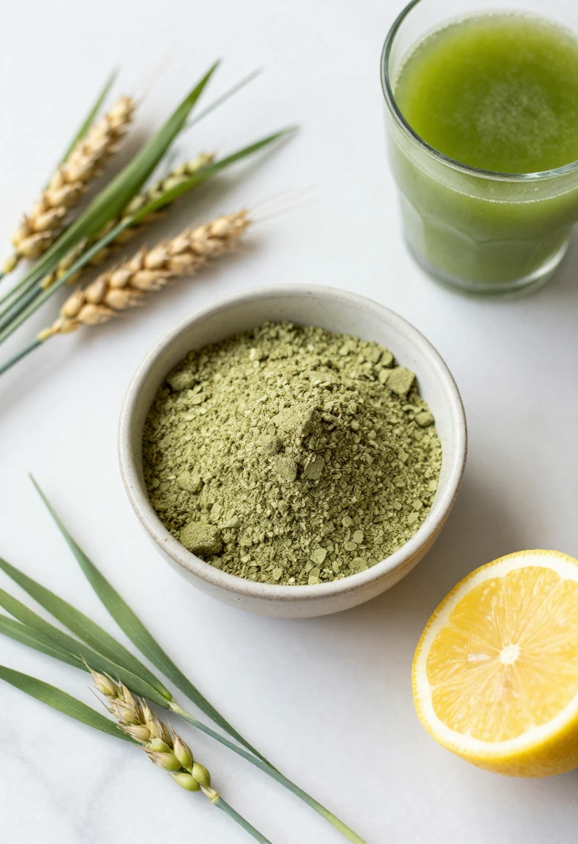 Wheatgrass powder in a ceramic bowl with fresh wheatgrass and lemon on marble surface