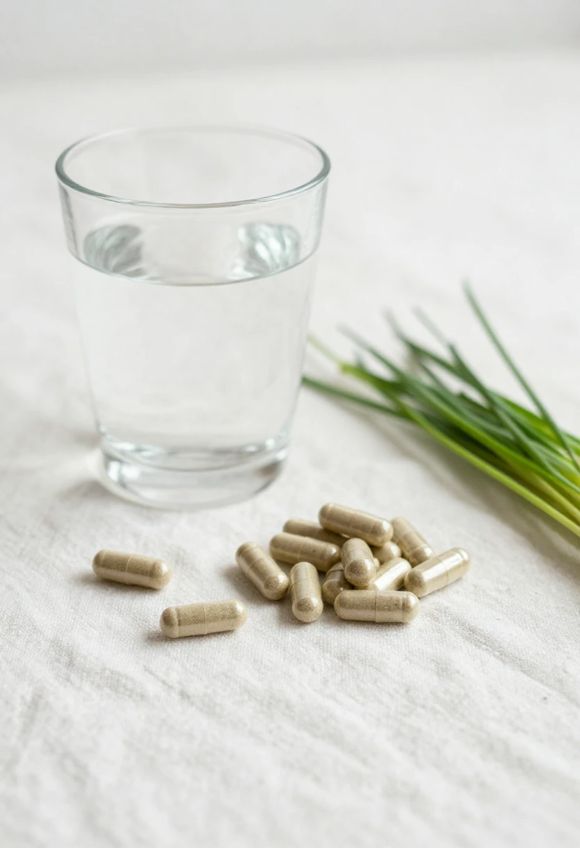 Wheatgrass capsules with a glass of water and fresh wheatgrass on white linen