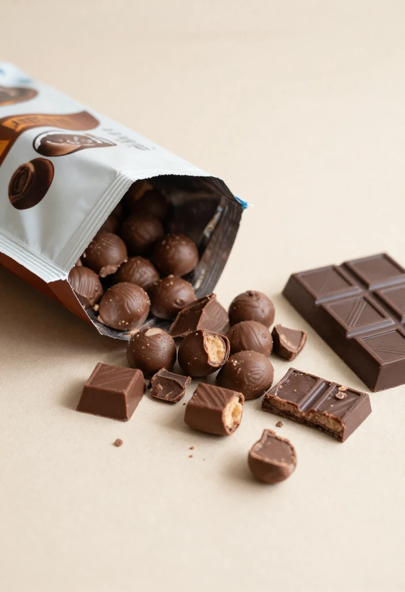 Sugary chocolate snacks compared with a dark chocolate bar on a table