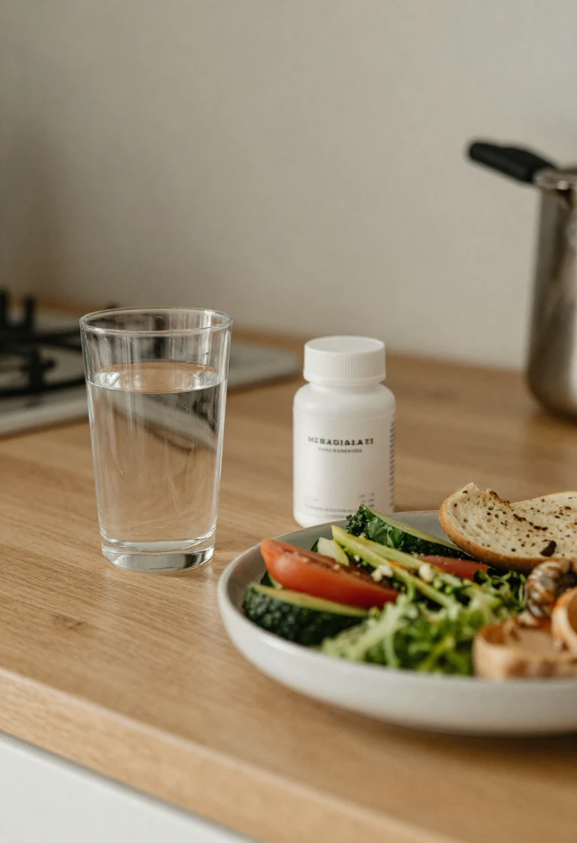 Supplement bottle beside a healthy breakfast in a home kitchen