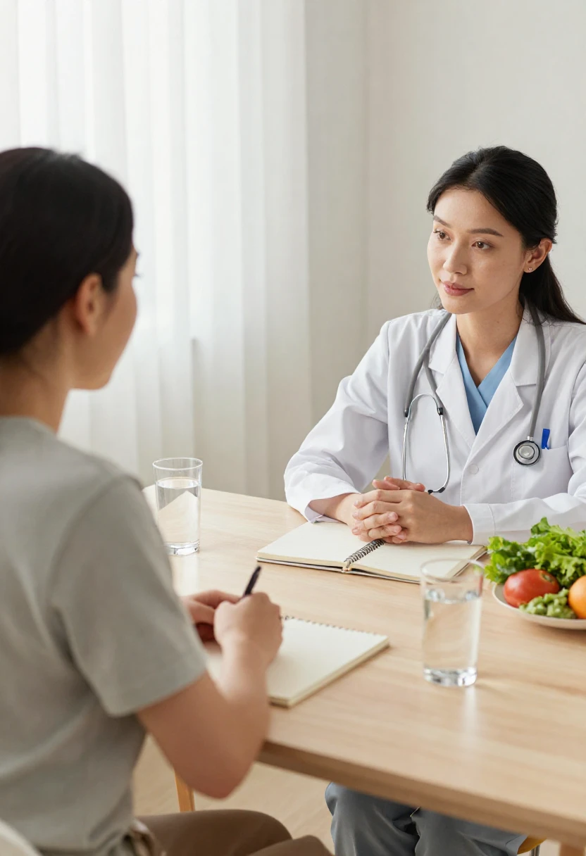 Person discussing eating habits with a healthcare professional in a calm setting