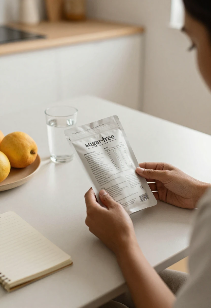Person checking ingredients on a sugar-free product to understand who should be careful with artificial sweeteners.