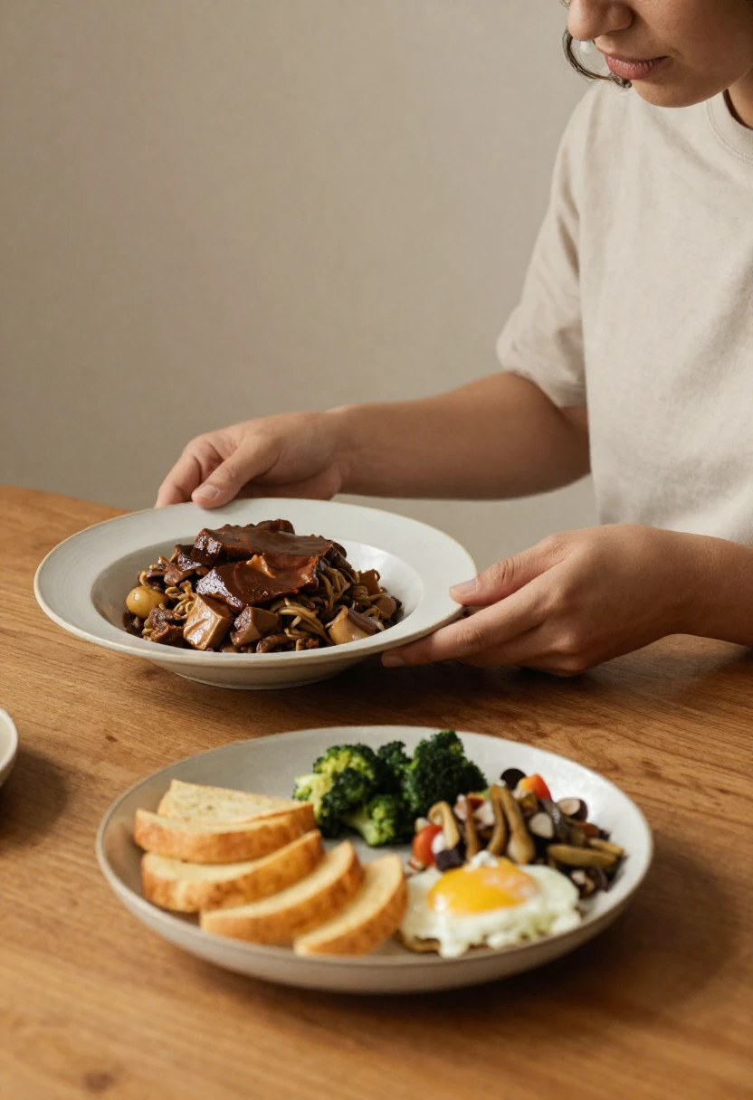 A person choosing between a rich meal and a lighter plate, representing mindful eating for sensitive digestion.