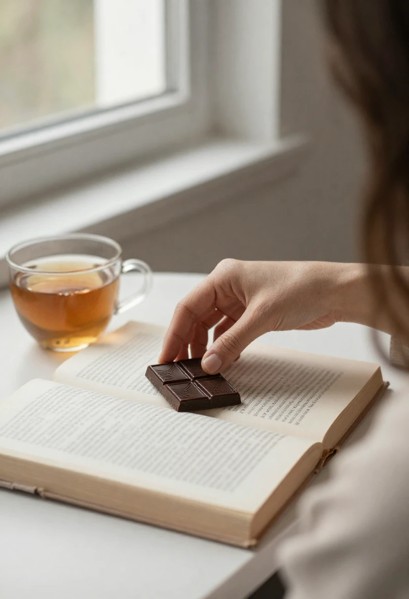 Person places a small chocolate square on an open book beside a cup of tea near a window