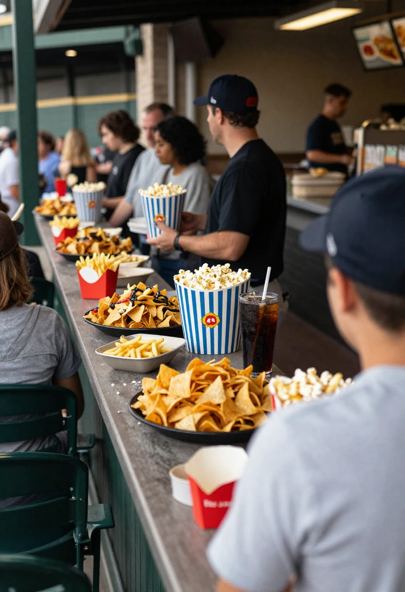 Crowded ballpark scene filled with tempting stadium food choices.