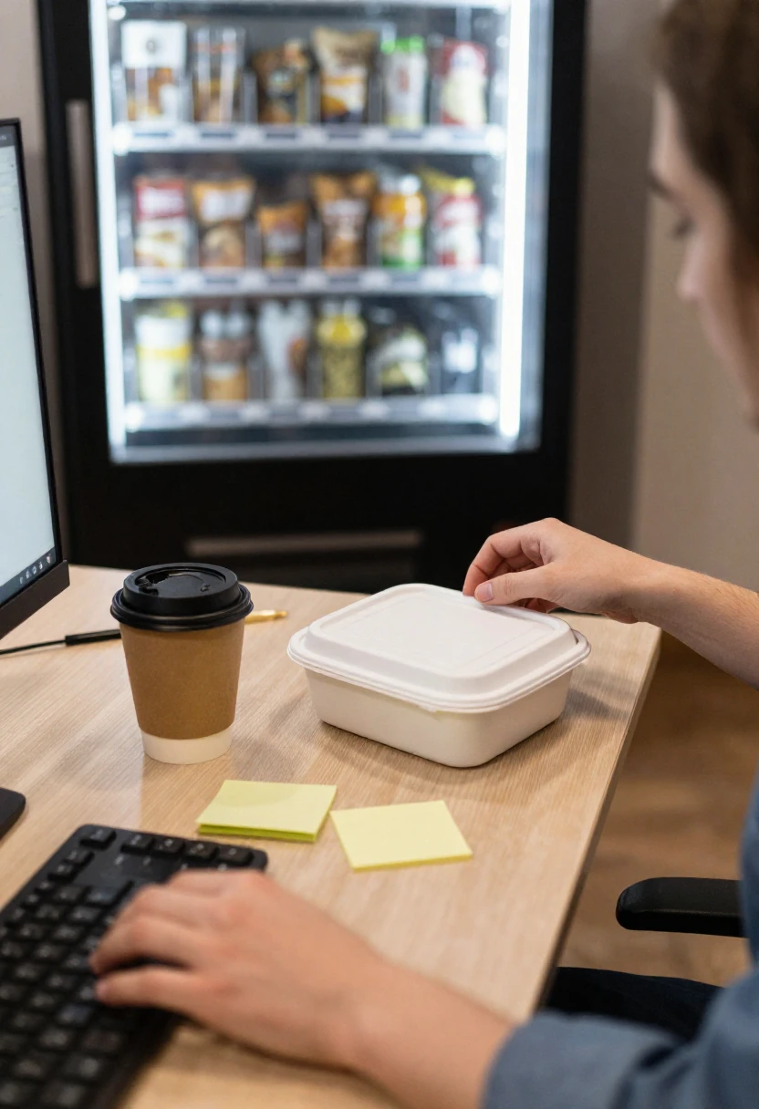 Busy work desk showing how stress and schedules can make healthy eating harder.