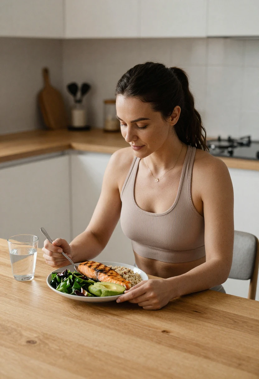 A woman enjoying a balanced protein-rich meal after exercise in a warmly lit kitchen