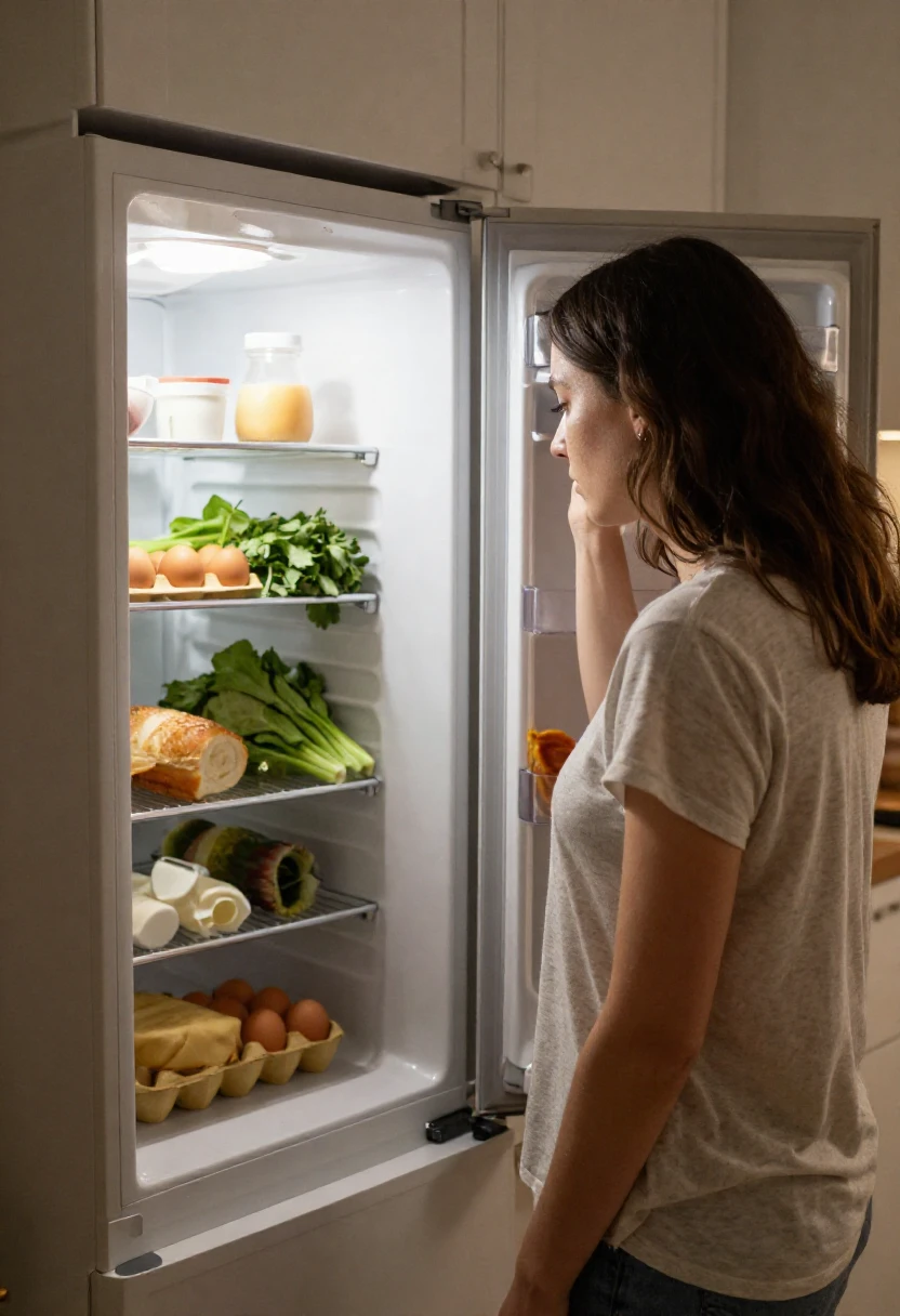 A person looking into the fridge at ordinary ingredients and feeling uninspired about what to eat.