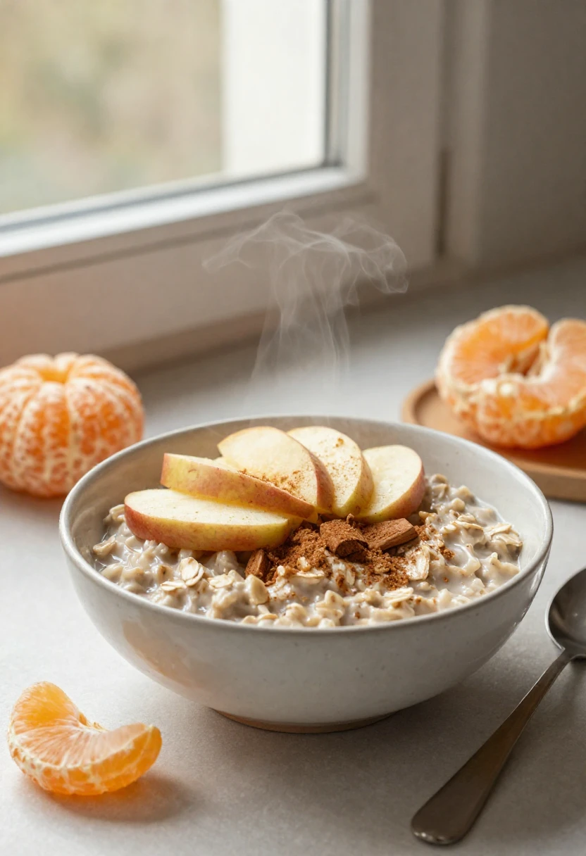 Warm oatmeal with apples and a mandarin on a winter morning