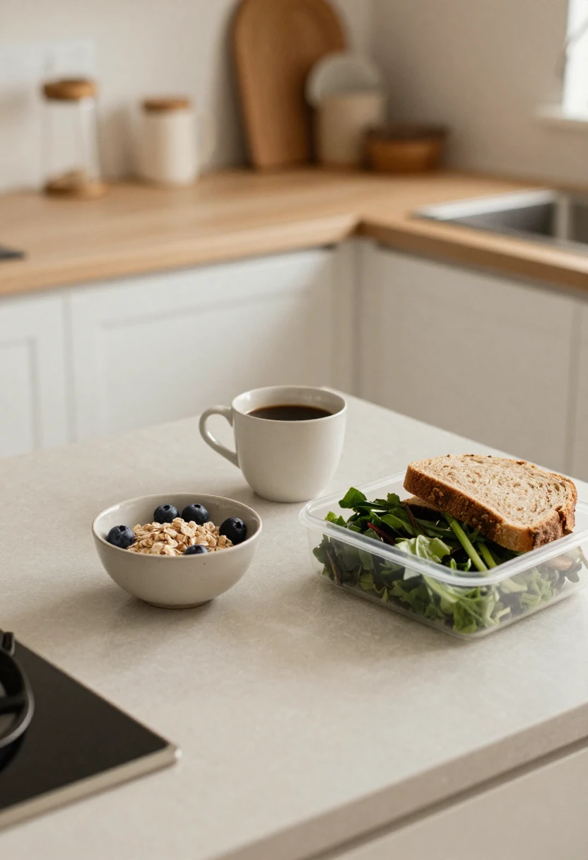 Simple healthy breakfast and lunch ingredients on a cozy kitchen counter during a busy morning.