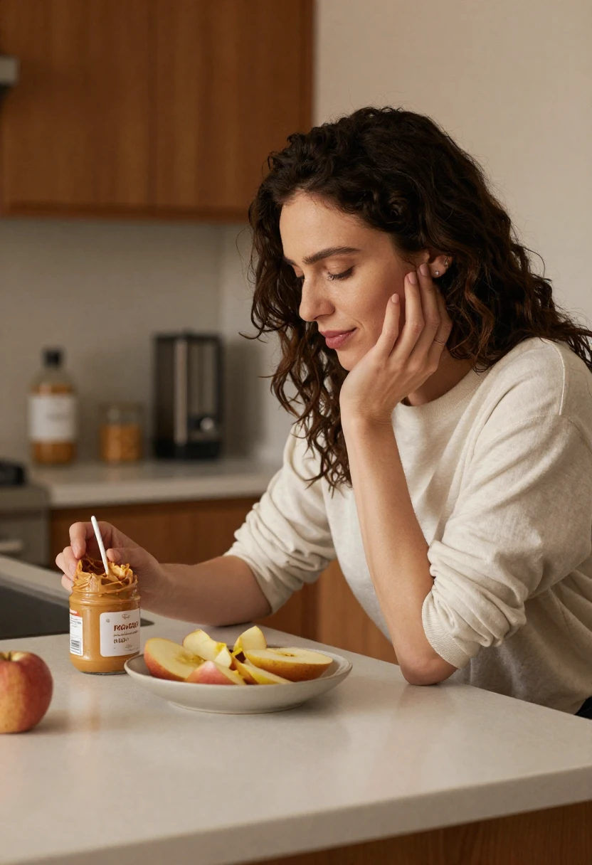 A woman enjoying a healthy afternoon snack in a calm kitchen setting.