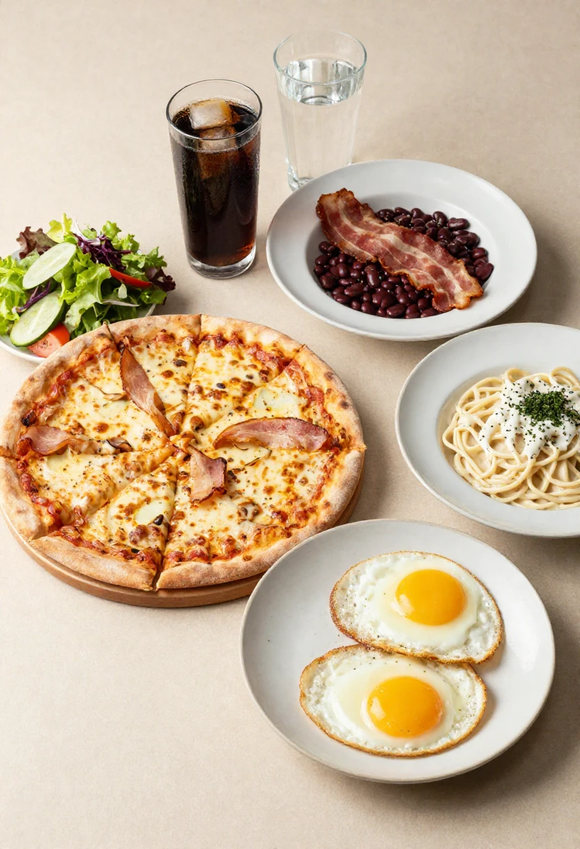 An overhead view of several rich foods together, showing how heavy ingredients can combine into a meal that feels harder to digest.