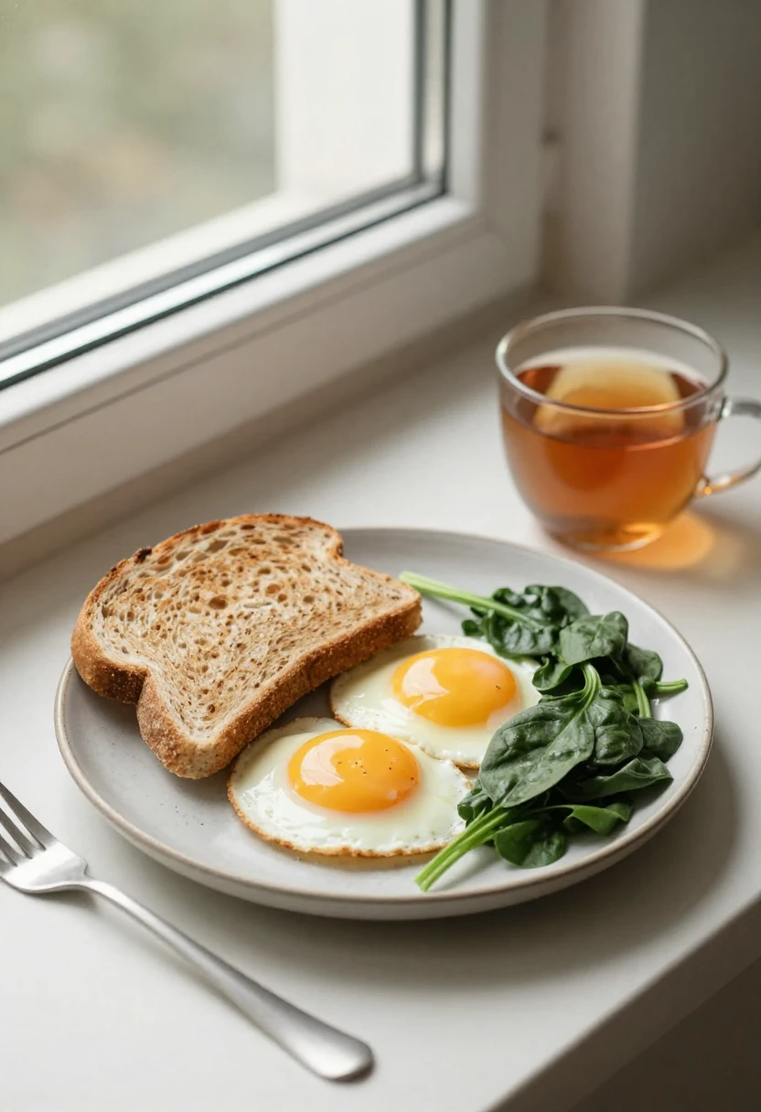A simple balanced breakfast with eggs, toast, spinach, and tea in soft morning light.