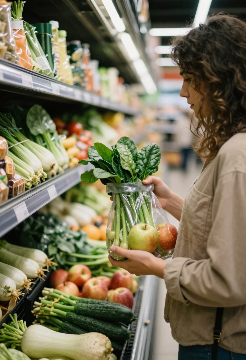 Shopper comparing organic produce in a grocery store