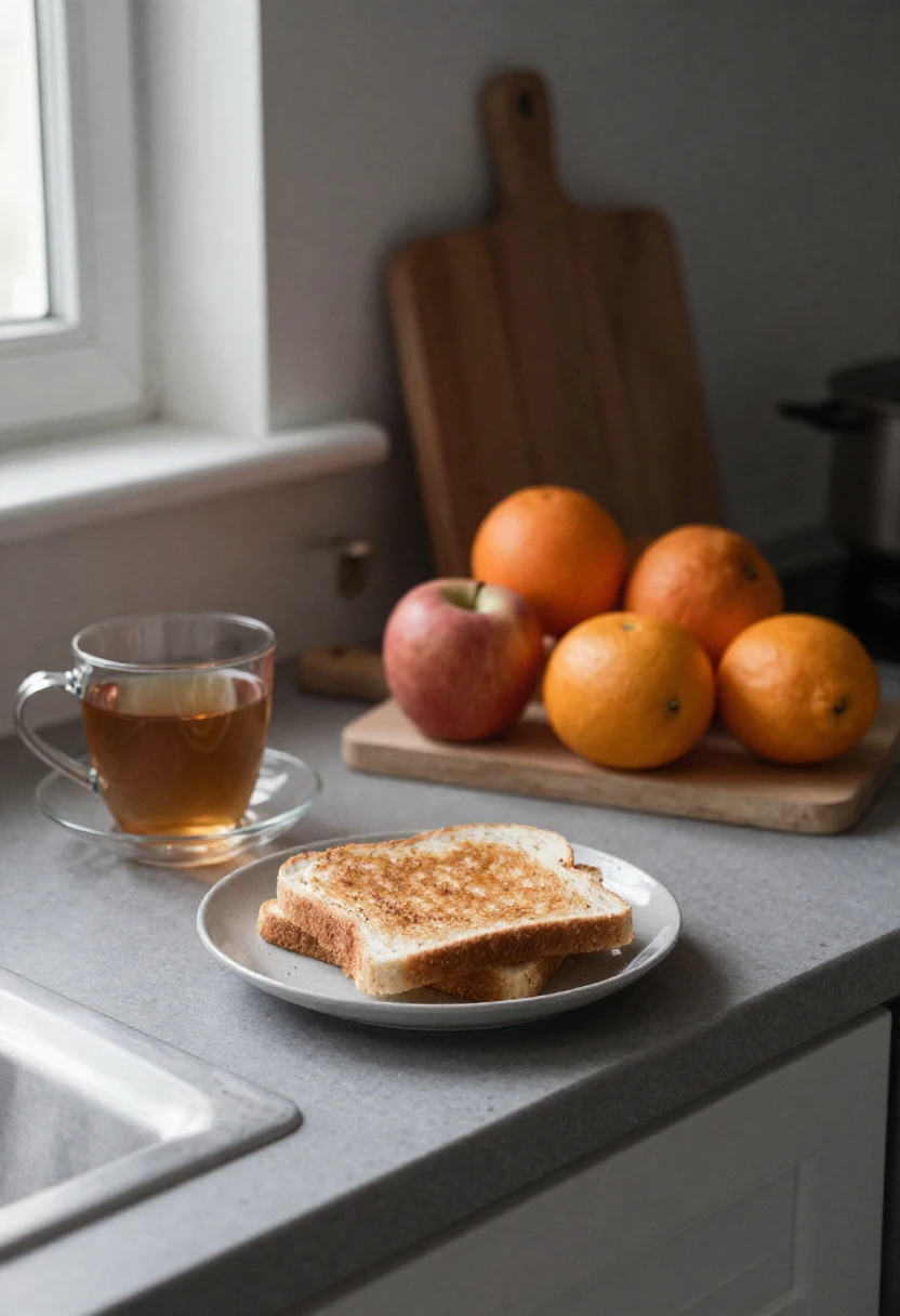 Comfort foods and fresh fruit on a kitchen counter in winter