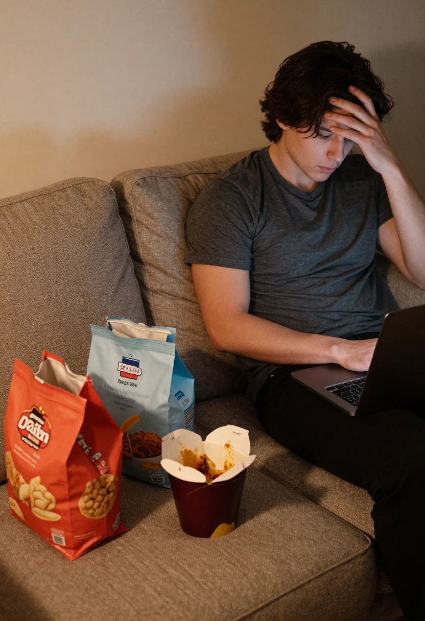 Distracted evening eating with snacks and takeaway food