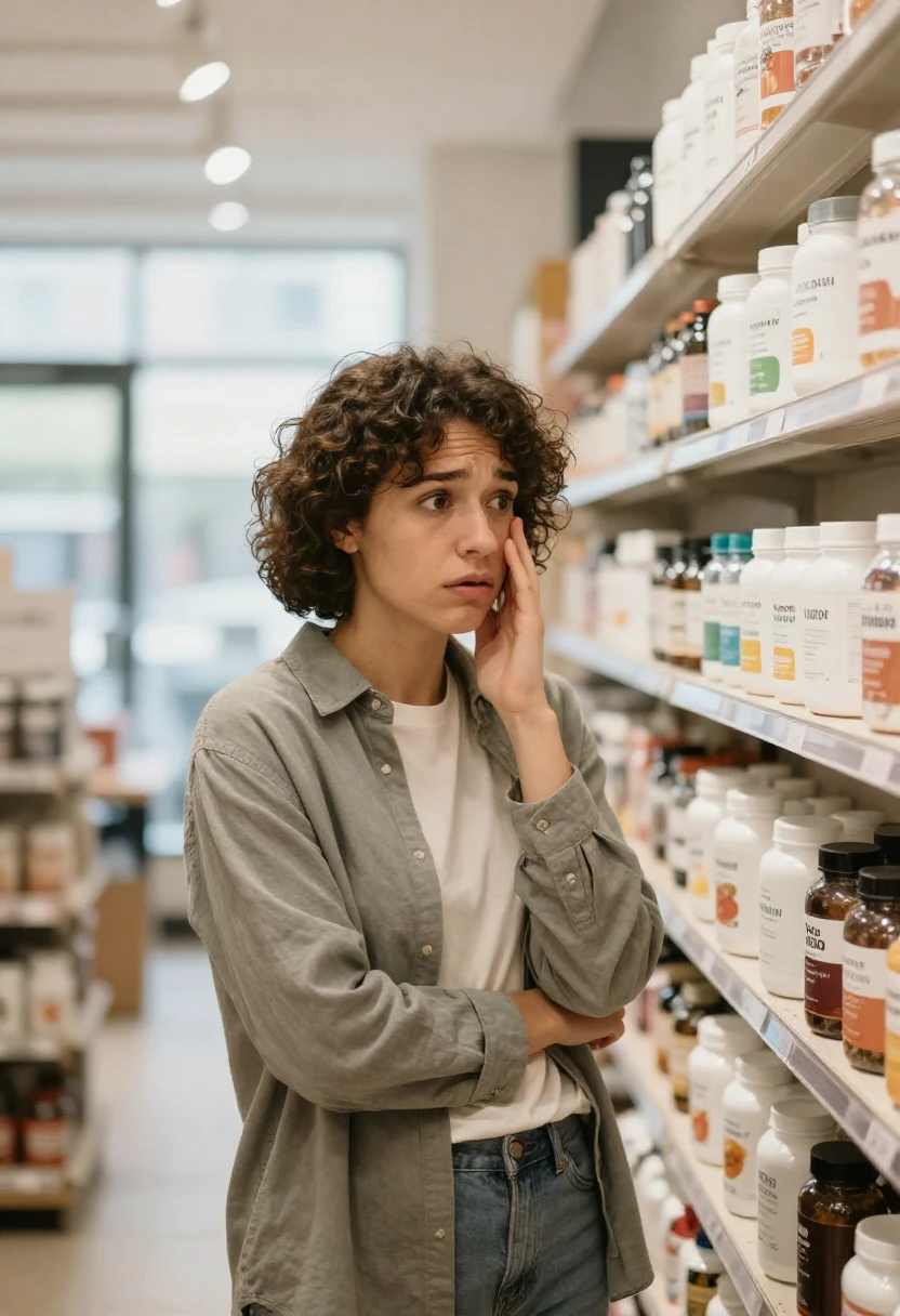 Person comparing supplement bottles in a wellness store