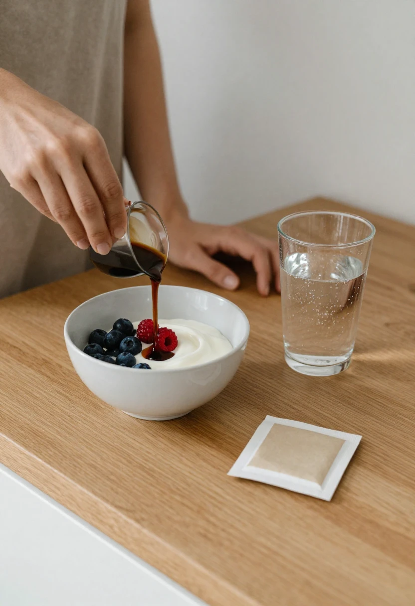 Coffee, yogurt with berries, and sparkling water showing everyday reasons people use artificial sweeteners.