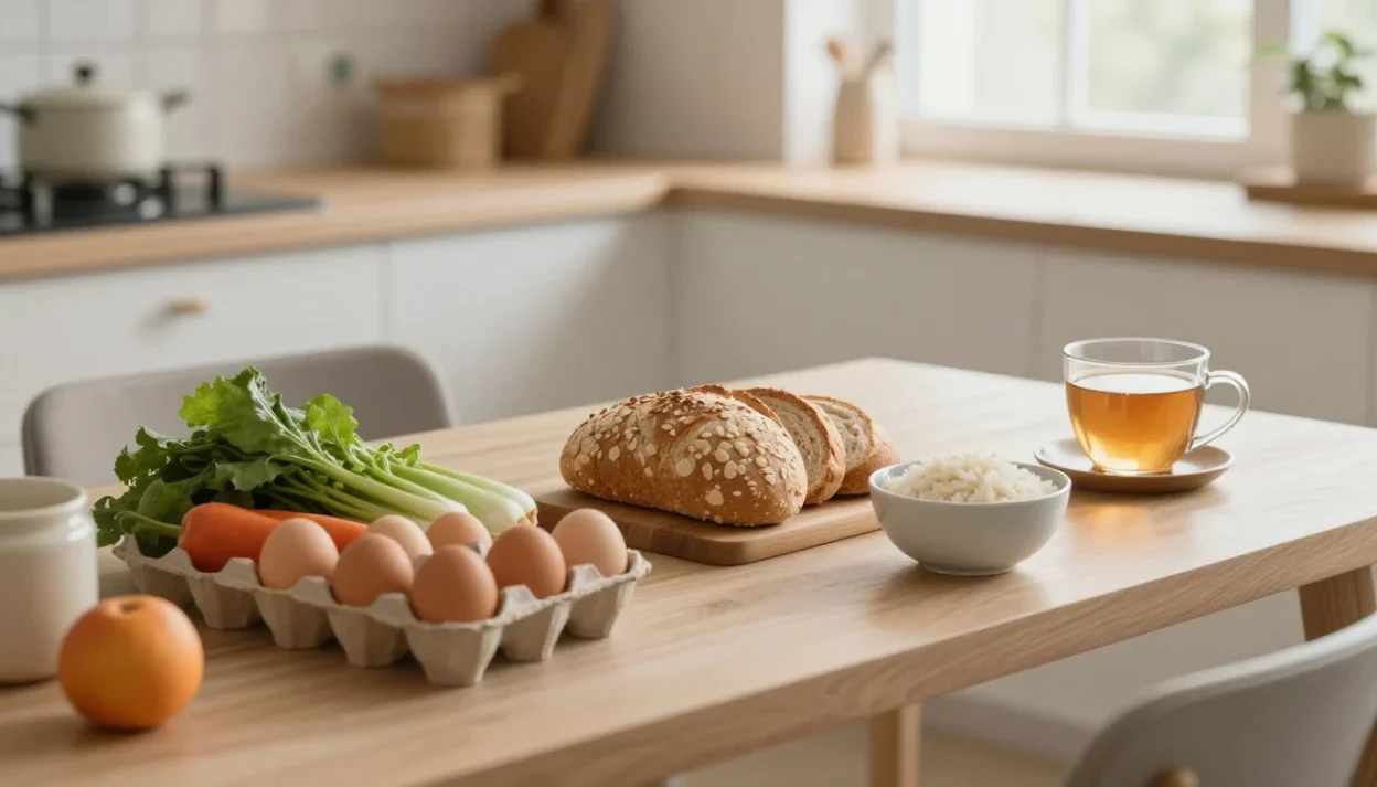 Simple homemade ingredients on a cozy kitchen table showing how modern food choices can become healthier and more intentional.
