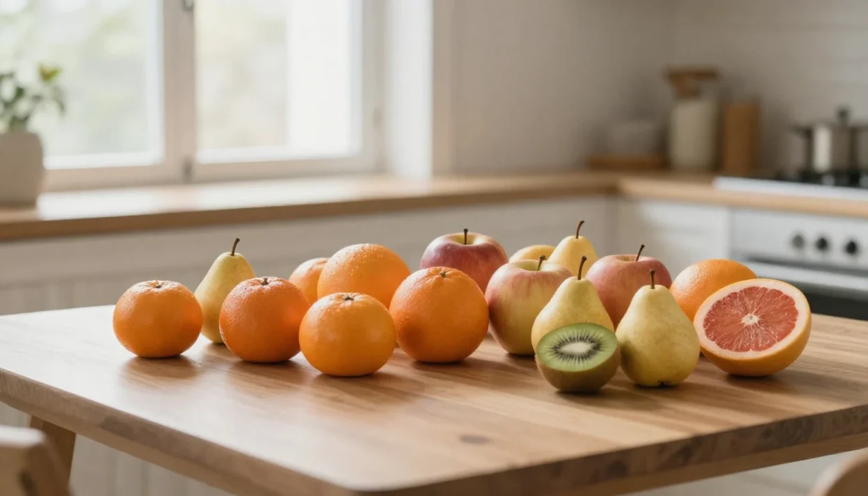 Seasonal winter fruits on a cozy kitchen table in soft natural light