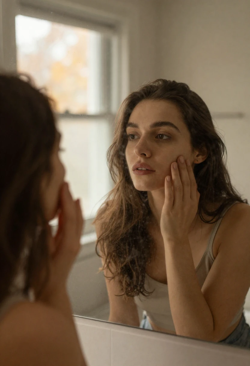 Woman examining her dry winter skin in a bathroom mirror