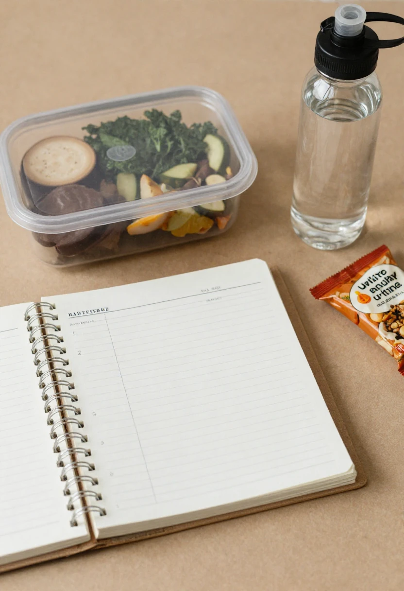 Simple workday meal routine with lunch, snacks, and water for steady energy.
