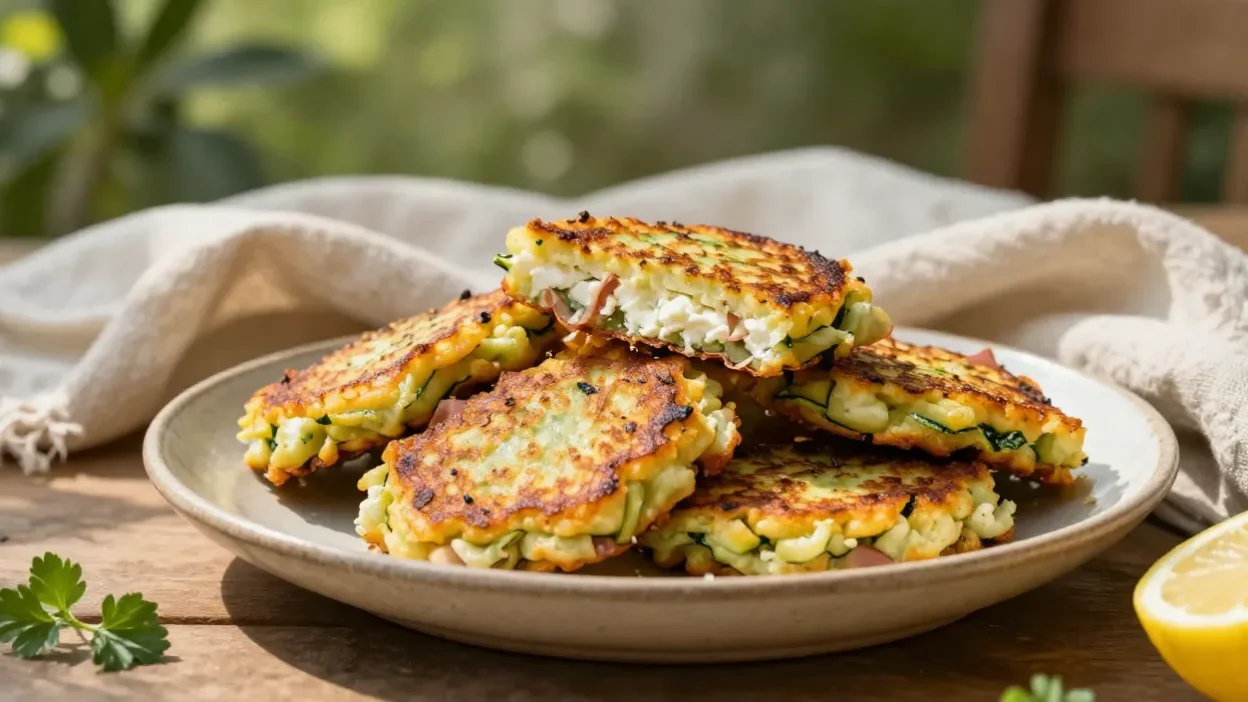 Golden zucchini, ham and ricotta fritters on a rustic plate in a sunlit outdoor setting
