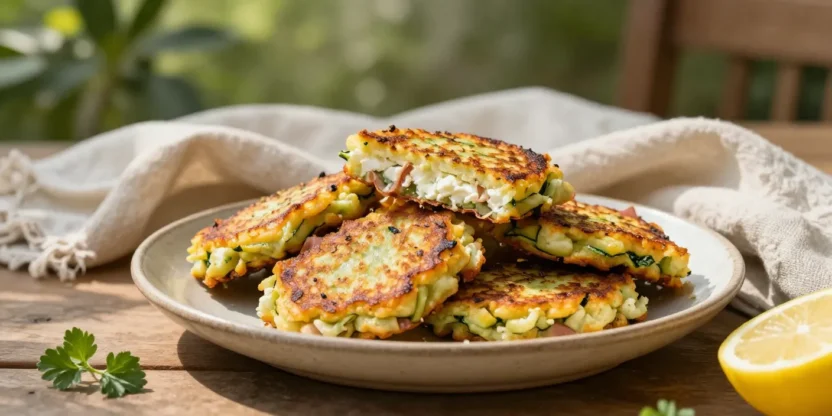 Golden zucchini, ham and ricotta fritters on a rustic plate in a sunlit outdoor setting