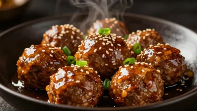 Sticky Asian meatballs in glossy garlic ginger glaze with sesame seeds and green onions beautifully served in an elegant bowl