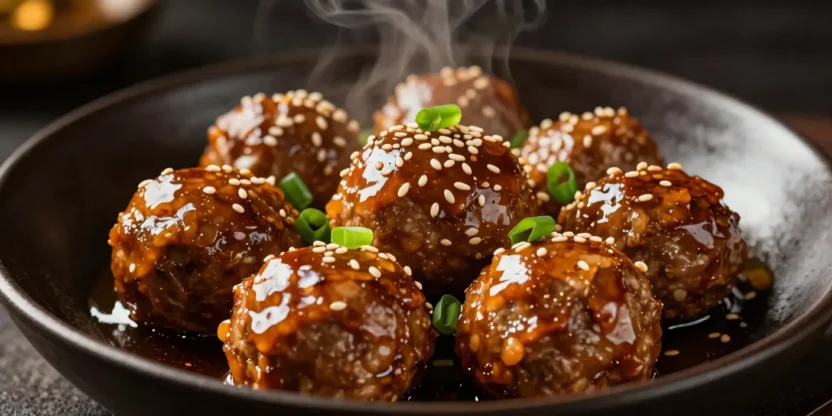 Sticky Asian meatballs in glossy garlic ginger glaze with sesame seeds and green onions beautifully served in an elegant bowl