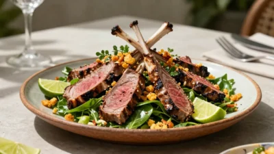 Grilled lamb salad with fresh herbs, lime, and mint dressing in warm natural light