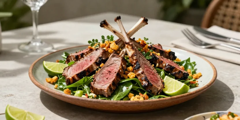 Grilled lamb salad with fresh herbs, lime, and mint dressing in warm natural light