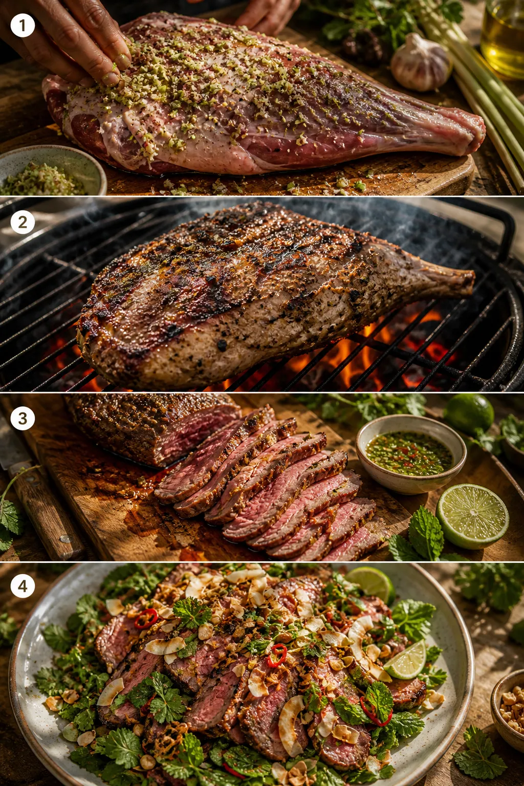 Vertical collage of grilling lamb, slicing, and assembling fresh herb salad with dressing