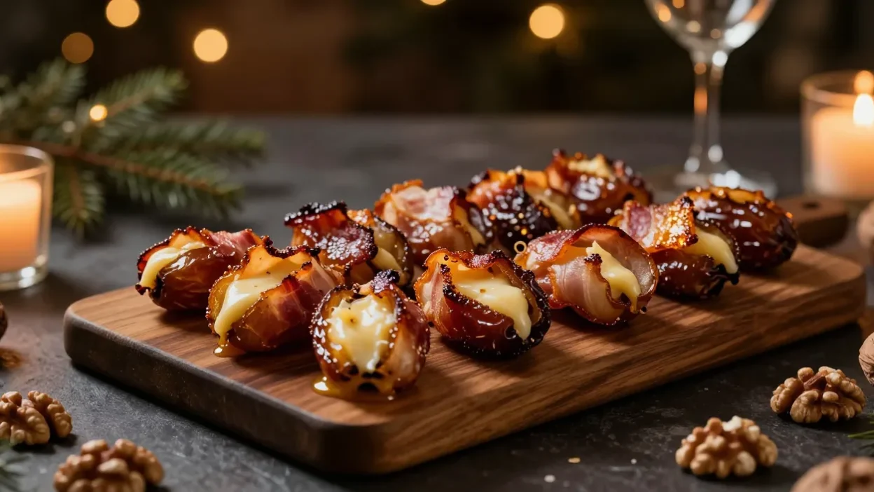 Blue cheese stuffed bacon wrapped dates on an elegant serving board