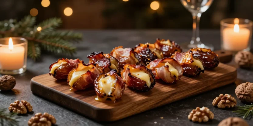 Blue cheese stuffed bacon wrapped dates on an elegant serving board