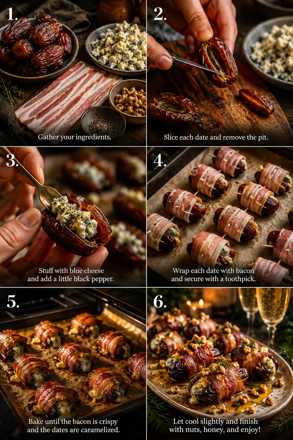 Ingredients laid out for stuffed bacon-wrapped dates: dates, blue cheese, walnuts, and bacon slices on a wooden board.