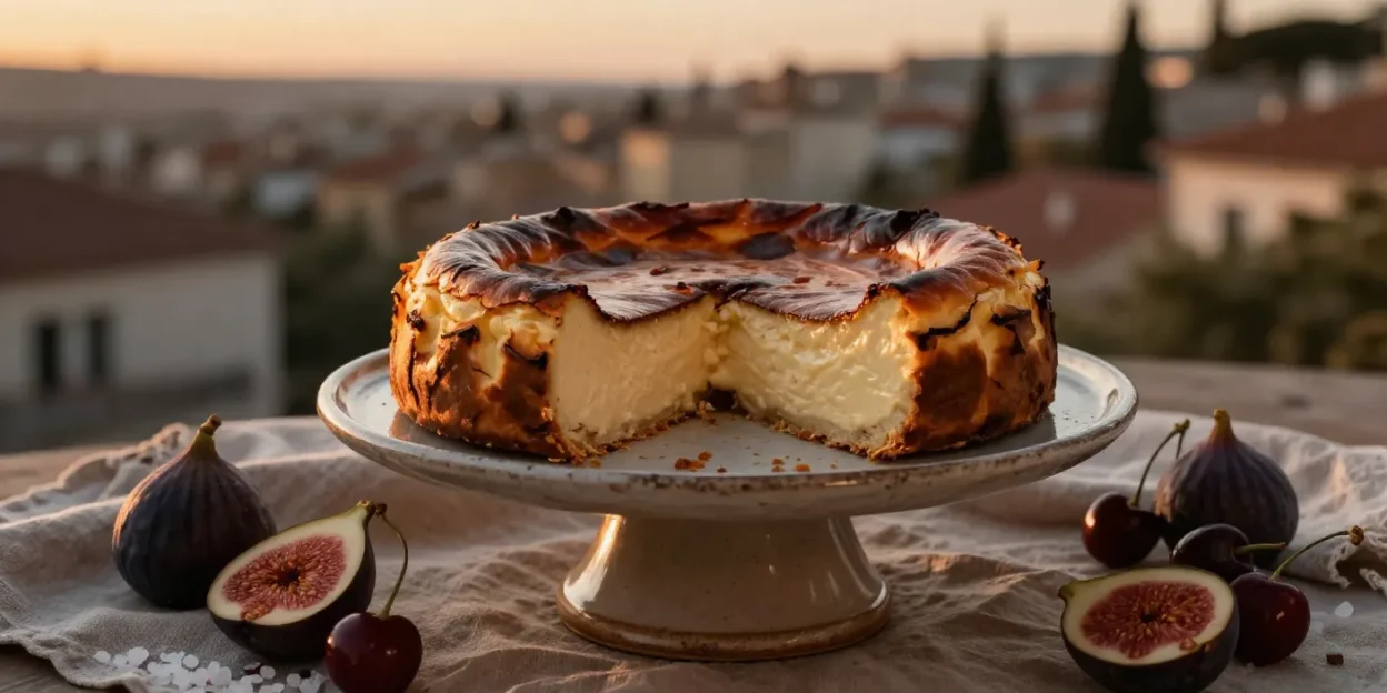 Cheesecake on a white stand with a slice removed, cream filling visible, surrounded by figs and cherries on a linen cloth at sunset.