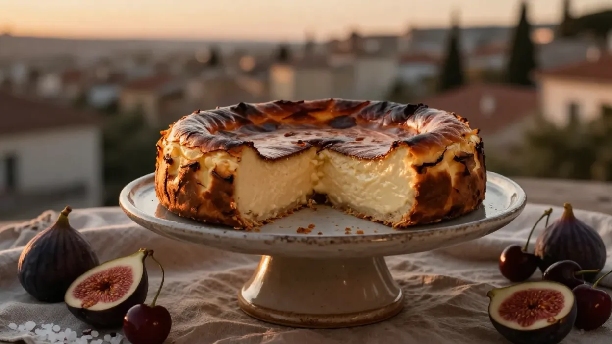 Cheesecake on a white stand with a slice removed, cream filling visible, surrounded by figs and cherries on a linen cloth at sunset.