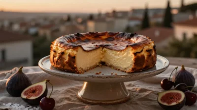 Cheesecake on a white stand with a slice removed, cream filling visible, surrounded by figs and cherries on a linen cloth at sunset.