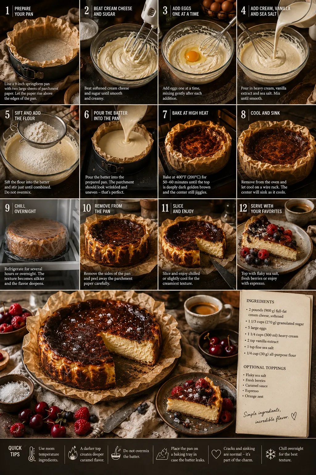 Basque burnt cheesecake process collage with creamy batter, caramelized baking top, and soft sliced center.