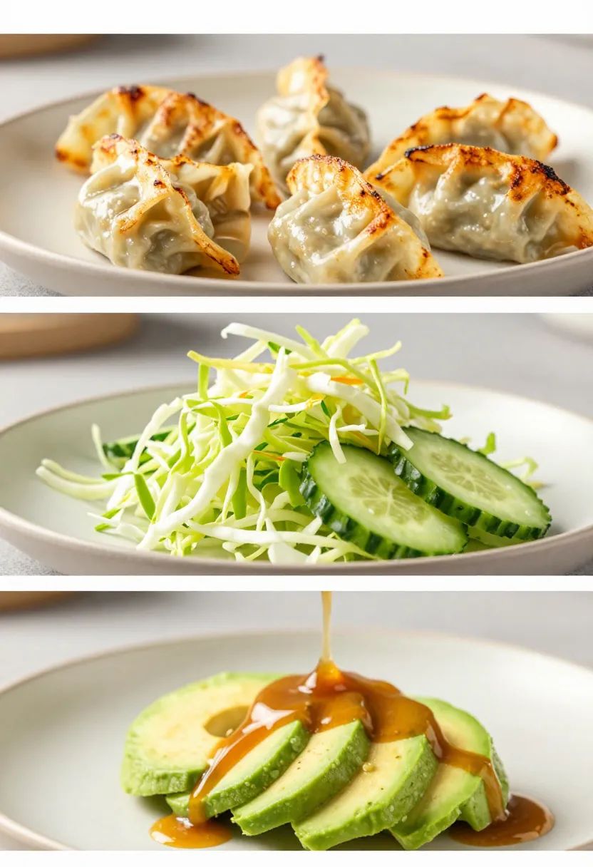 Collage of potsticker salad ingredients showing crispy dumplings, fresh vegetables, and dressing textures
