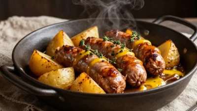Braised sausages with roasted potatoes and caramelized pears in a rich mustard sauce, beautifully styled and elegantly served.