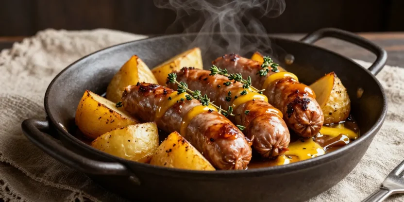 Braised sausages with roasted potatoes and caramelized pears in a rich mustard sauce, beautifully styled and elegantly served.